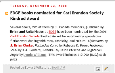 Carl Brandon Society Award Nomination for the book Righteous Anger by Lynda Williams which is Part 2 of the Okal Rel Saga