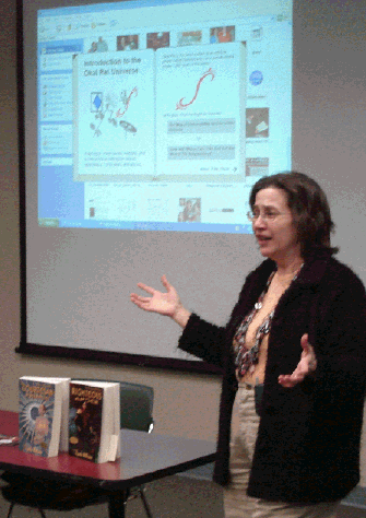 Lynda Williams describing how the origins of the Okal Rel Universe at science symposium at UNBC Feb 26, 2008