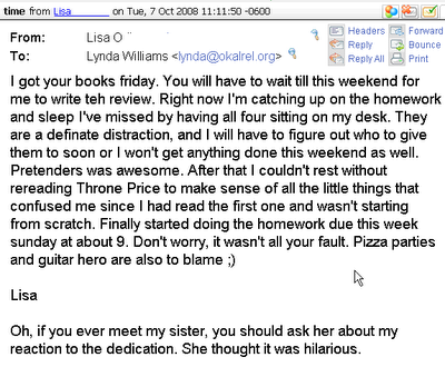 E-Mail from Lisa O. about Pretenders, Part 3 Okal Rel Saga