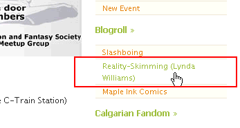 Reality Skimming link appears on homepage of the Calgary Science Fiction and Fantasy Society