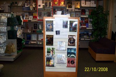 Wall display of Okal Rel books at the UNBC Bookstore October 2008