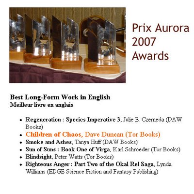 Righteous Anger short listed for the Prix Auorora 2007
