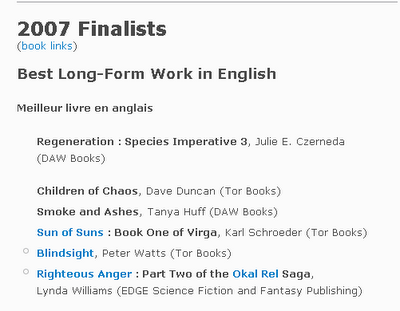 Righteous Anger is a finalist for the 2007 Aurora Award